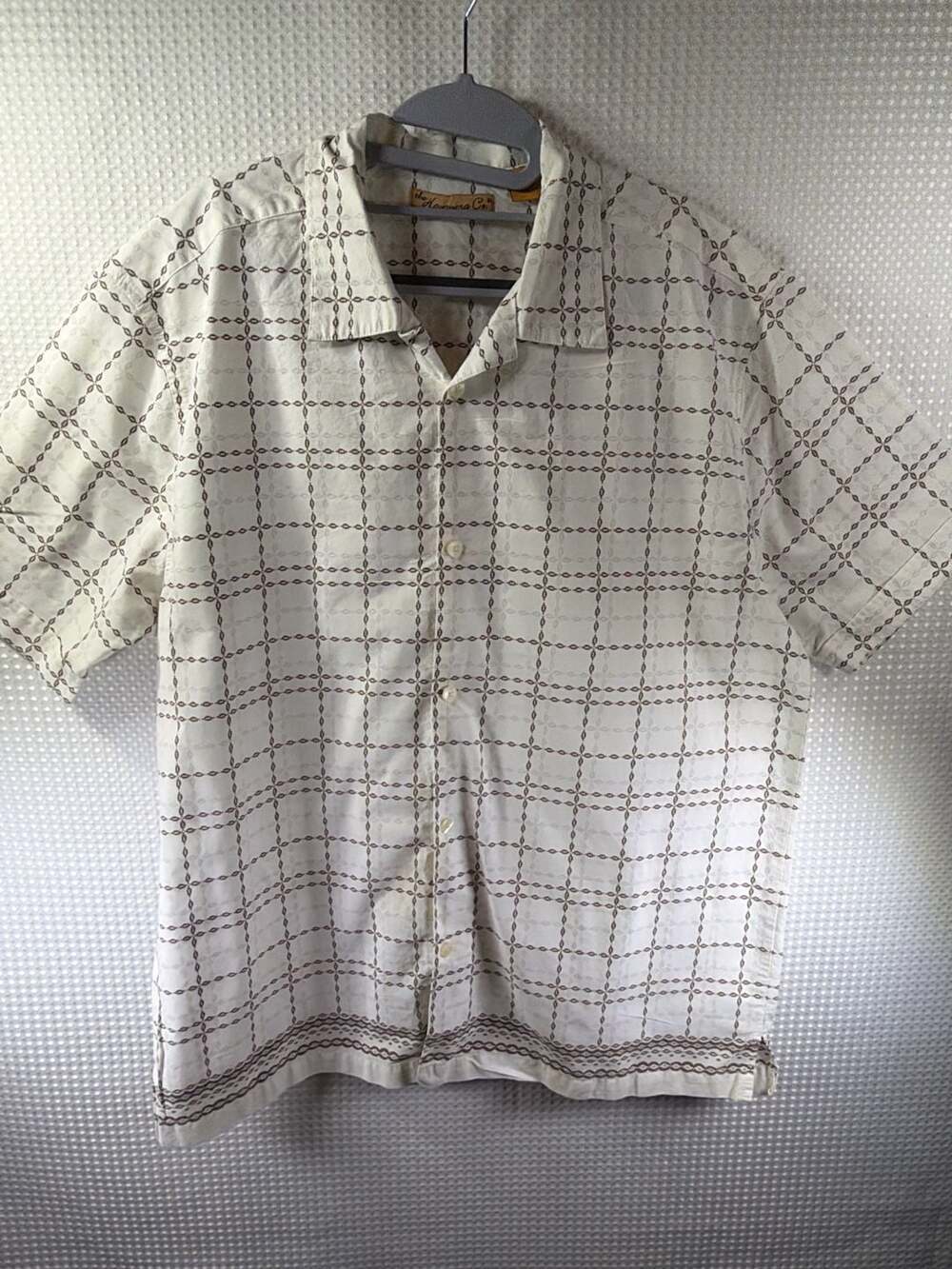 The Havanera Co. Camp Shirt, Off-White with Brown Geometric Pattern, Size XL